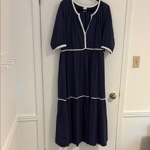 Maxi Navy Blue Dress with White Trim